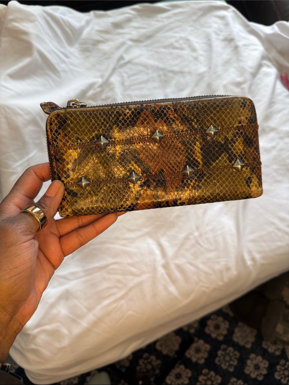 Botkier Snake-Texture Zip Wallet in Brown and Gold Studs